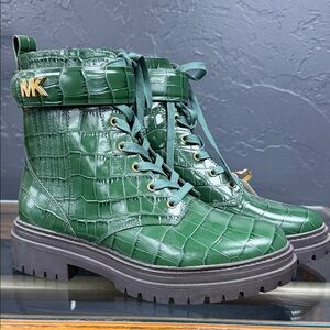 Michael Kors Emerald Croc-Embossed Lace-Up Combat Boots